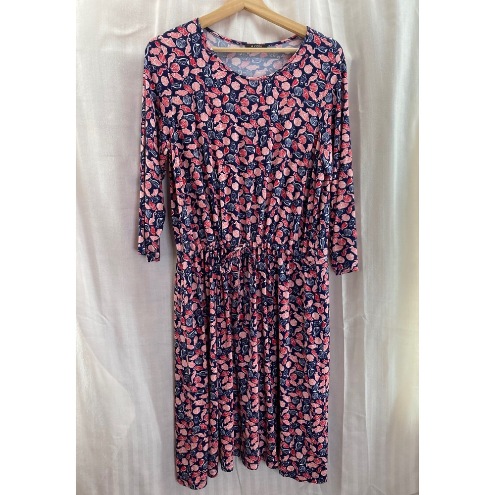 Avon Red Blue Novelty Print Midi Dress Long Sleeve Drawstring Waist Large